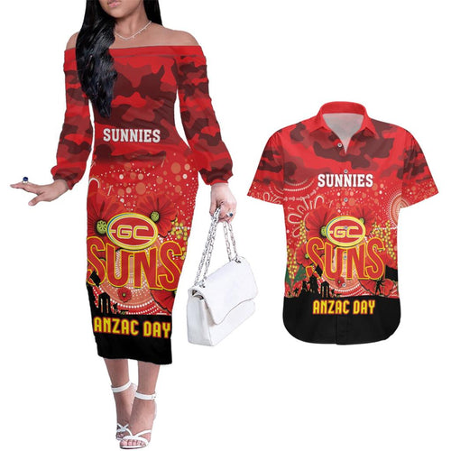 Custom Suns Football ANZAC Couples Matching Off The Shoulder Long Sleeve Dress and Hawaiian Shirt Gallipoli Camouflage With Poppies