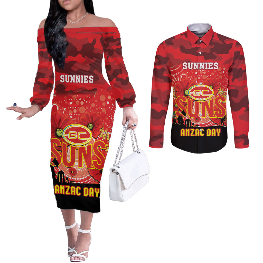 Custom Suns Football ANZAC Couples Matching Off The Shoulder Long Sleeve Dress and Long Sleeve Button Shirt Gallipoli Camouflage With Poppies