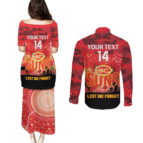 Custom Suns Football ANZAC Couples Matching Puletasi and Long Sleeve Button Shirt Gallipoli Camouflage With Poppies