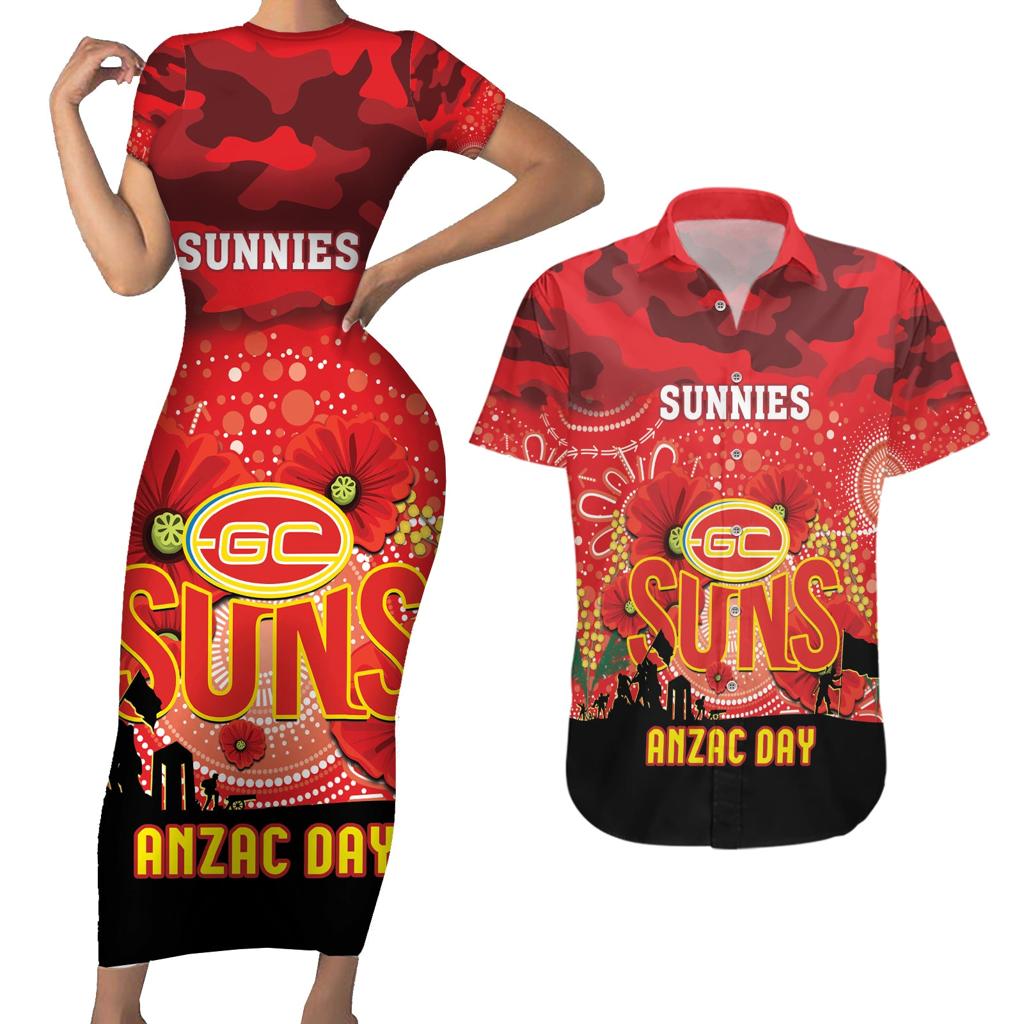 Custom Suns Football ANZAC Couples Matching Short Sleeve Bodycon Dress and Hawaiian Shirt Gallipoli Camouflage With Poppies