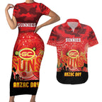 Custom Suns Football ANZAC Couples Matching Short Sleeve Bodycon Dress and Hawaiian Shirt Gallipoli Camouflage With Poppies