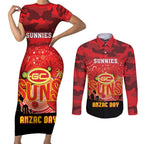 Custom Suns Football ANZAC Couples Matching Short Sleeve Bodycon Dress and Long Sleeve Button Shirt Gallipoli Camouflage With Poppies
