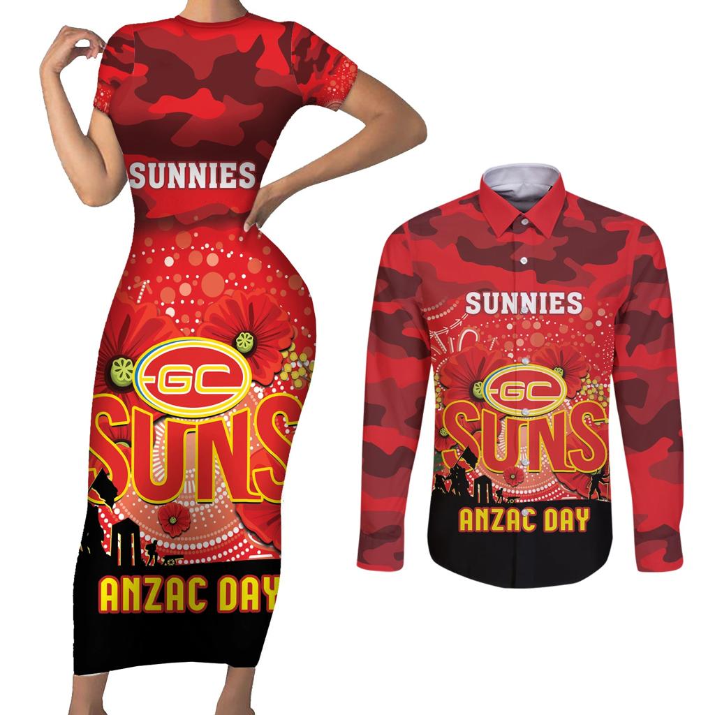 Custom Suns Football ANZAC Couples Matching Short Sleeve Bodycon Dress and Long Sleeve Button Shirt Gallipoli Camouflage With Poppies