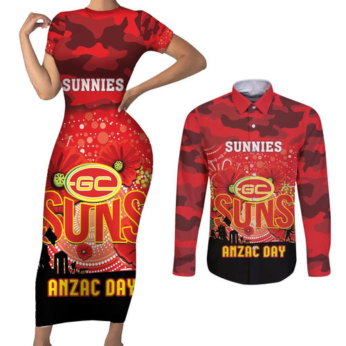 Custom Suns Football ANZAC Couples Matching Short Sleeve Bodycon Dress and Long Sleeve Button Shirt Gallipoli Camouflage With Poppies