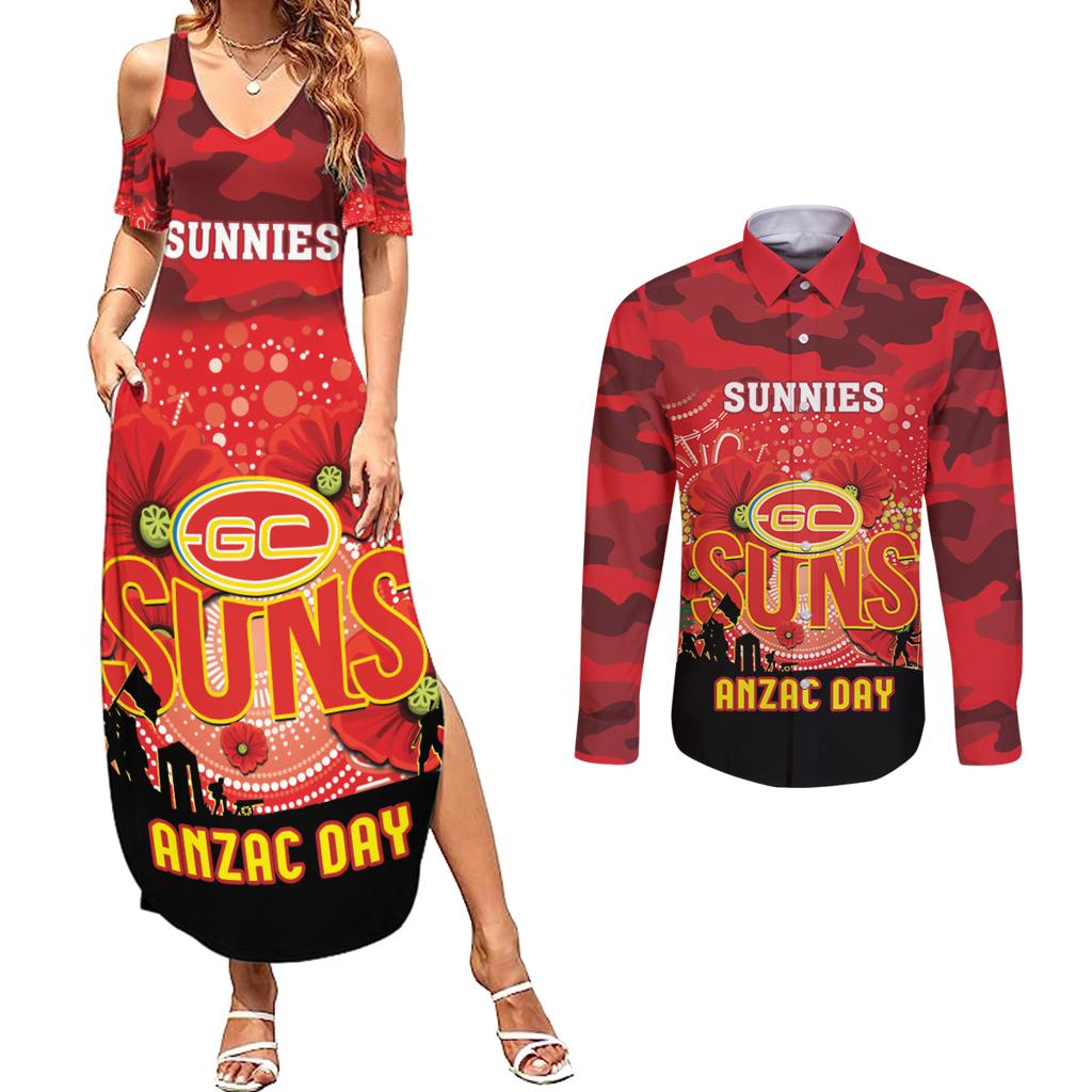 Custom Suns Football ANZAC Couples Matching Summer Maxi Dress and Long Sleeve Button Shirt Gallipoli Camouflage With Poppies