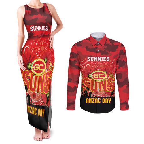 Custom Suns Football ANZAC Couples Matching Tank Maxi Dress and Long Sleeve Button Shirt Gallipoli Camouflage With Poppies
