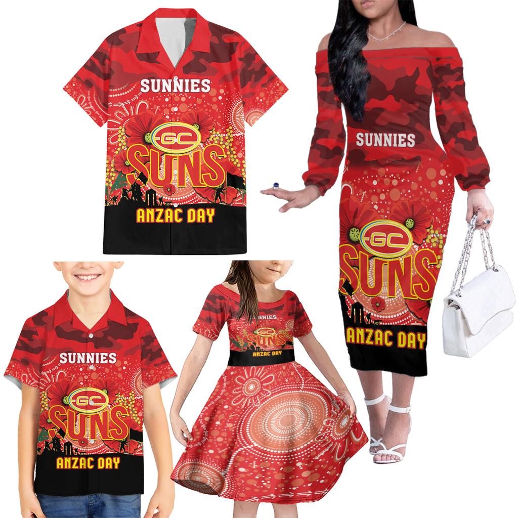 Custom Suns Football ANZAC Family Matching Off Shoulder Long Sleeve Dress and Hawaiian Shirt Gallipoli Camouflage With Poppies