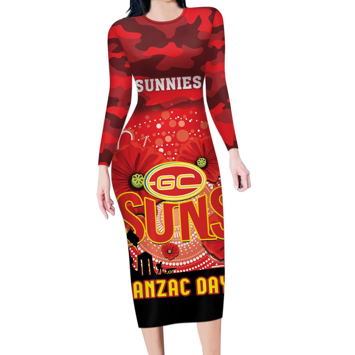 Custom Suns Football ANZAC Long Sleeve Bodycon Dress Gallipoli Camouflage With Poppies
