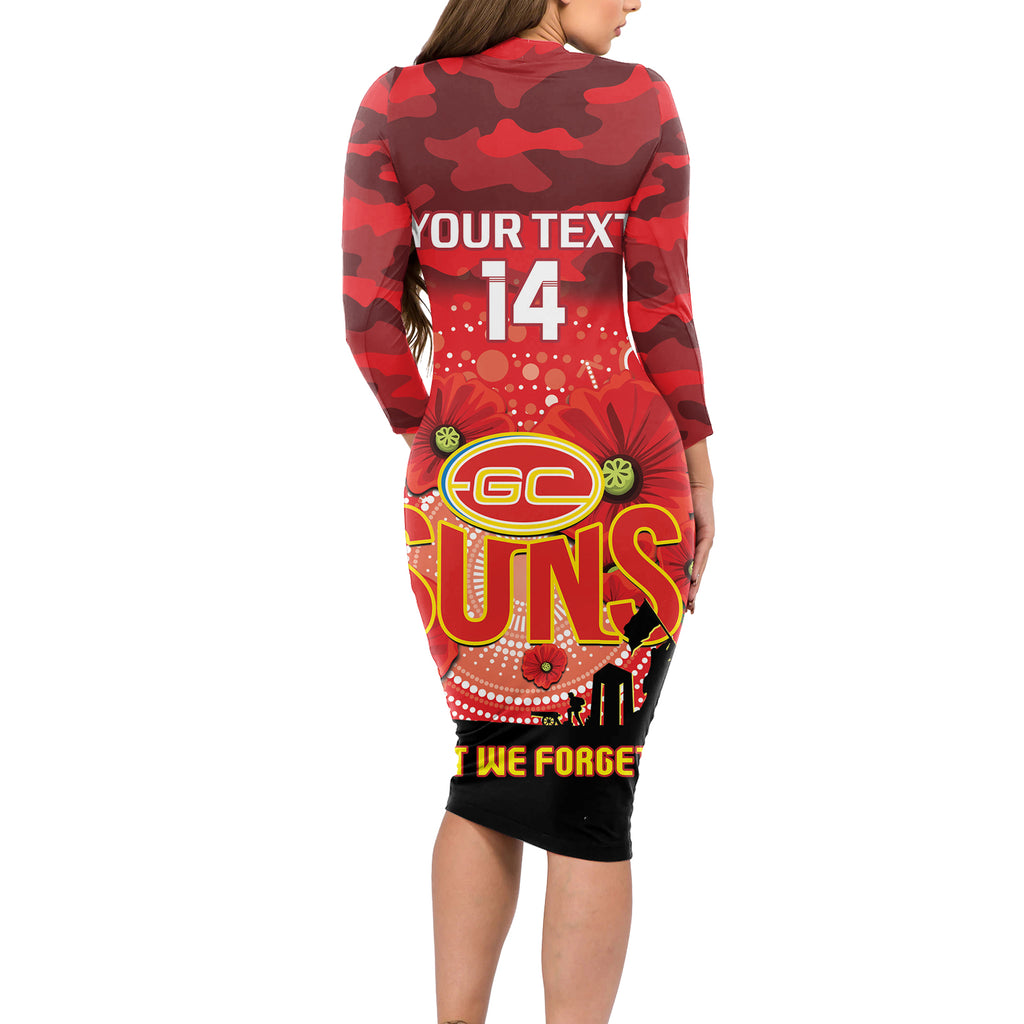 Custom Suns Football ANZAC Long Sleeve Bodycon Dress Gallipoli Camouflage With Poppies