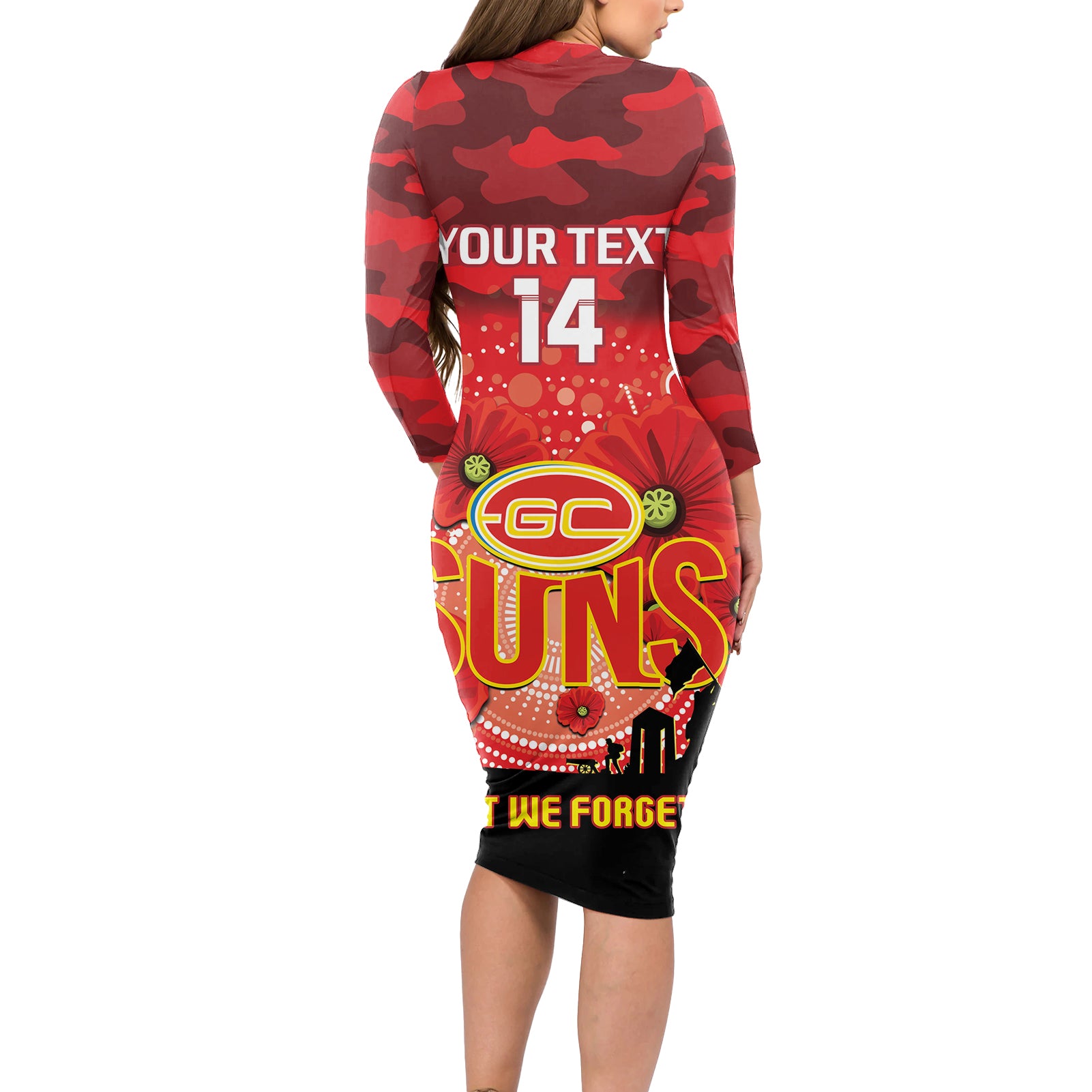Custom Suns Football ANZAC Long Sleeve Bodycon Dress Gallipoli Camouflage With Poppies
