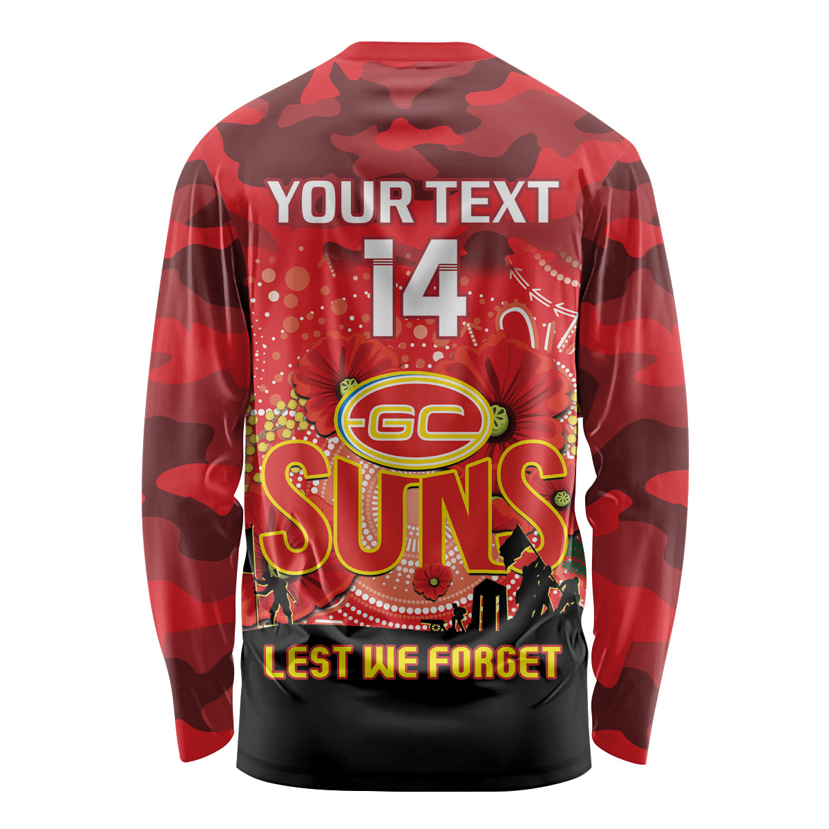 Custom Suns Football ANZAC Long Sleeve Shirt Gallipoli Camouflage With Poppies