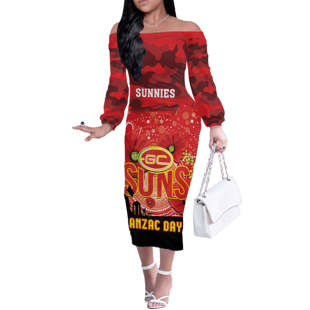 Custom Suns Football ANZAC Off The Shoulder Long Sleeve Dress Gallipoli Camouflage With Poppies