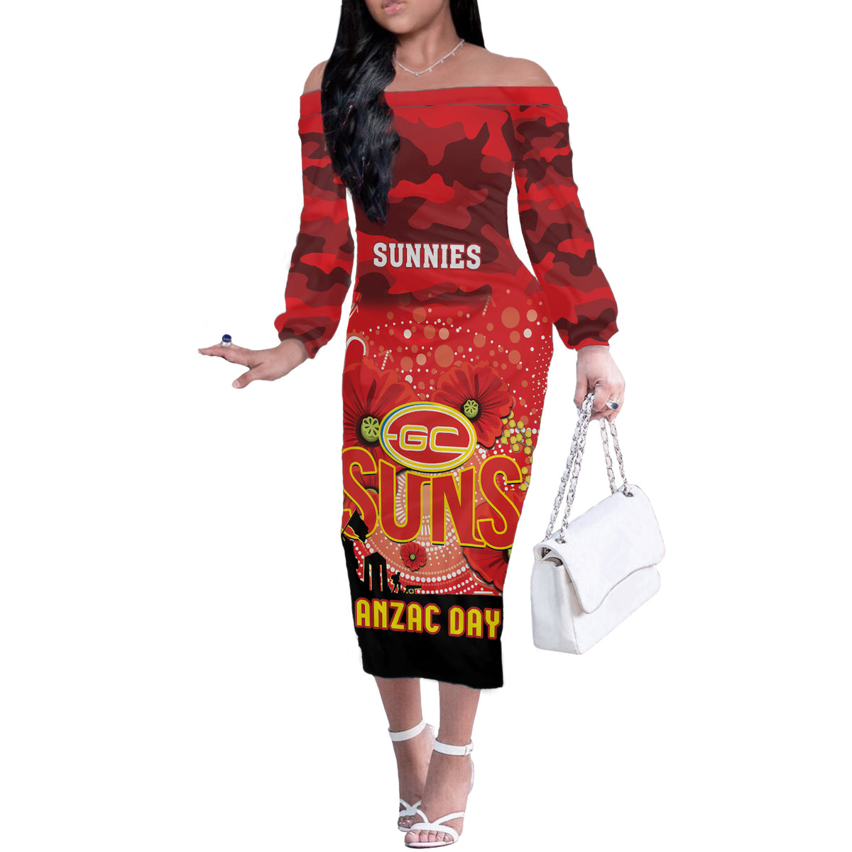 Custom Suns Football ANZAC Off The Shoulder Long Sleeve Dress Gallipoli Camouflage With Poppies