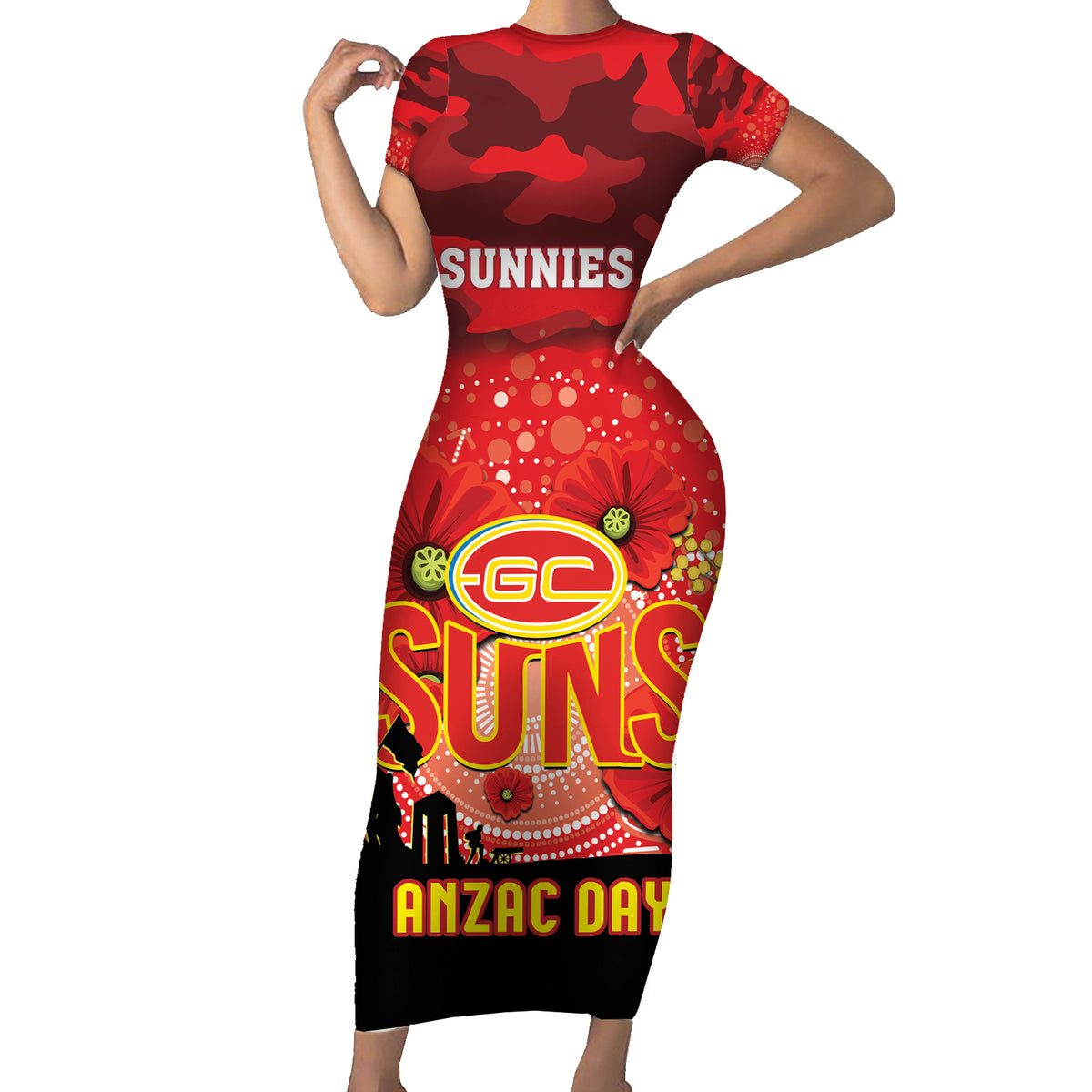 Custom Suns Football ANZAC Short Sleeve Bodycon Dress Gallipoli Camouflage With Poppies