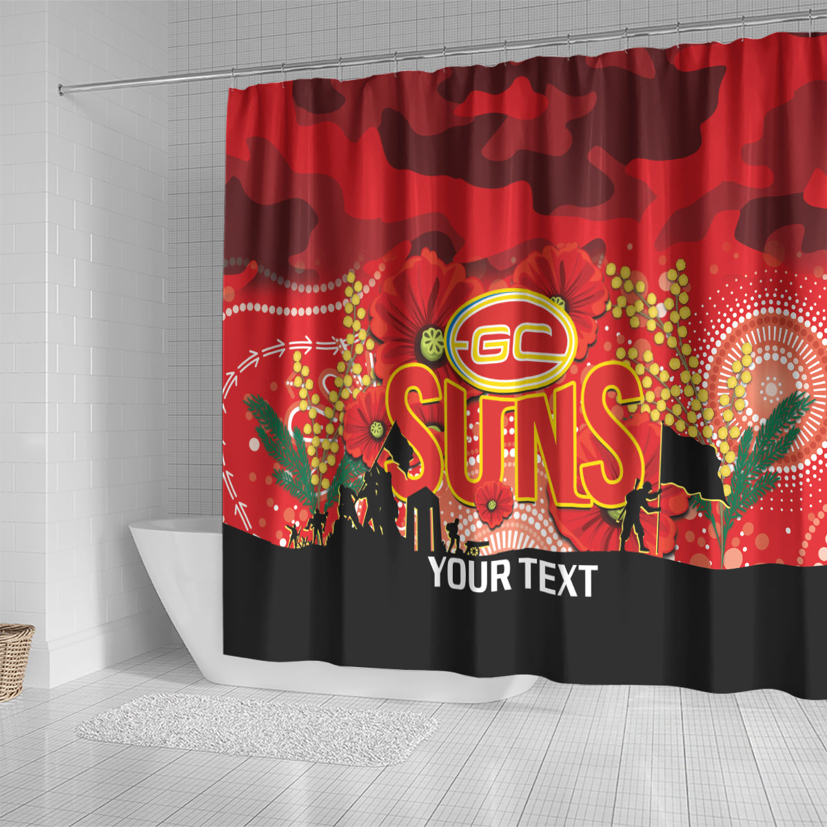 Custom Suns Football ANZAC Shower Curtain Gallipoli Camouflage With Poppies