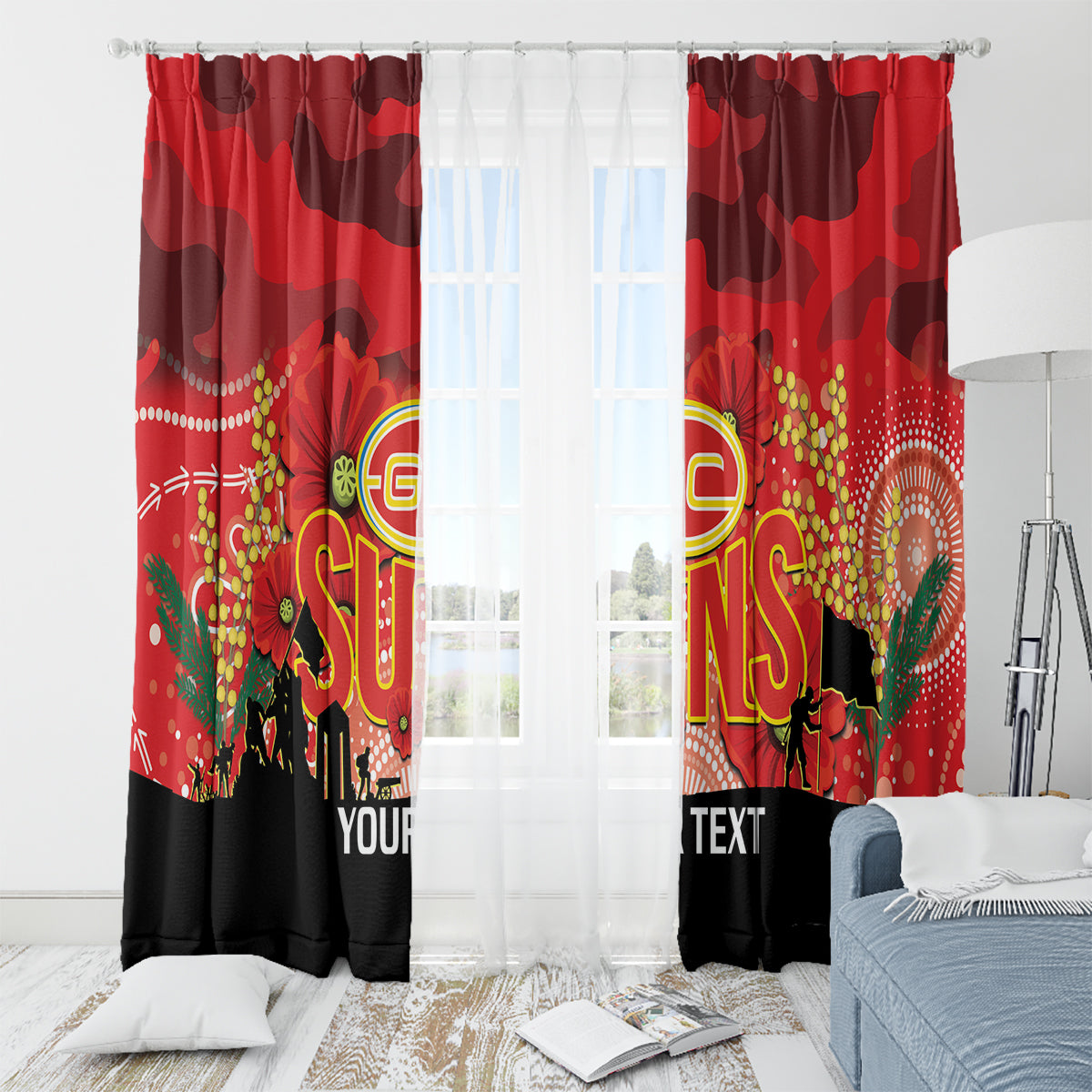 Custom Suns Football ANZAC Window Curtain Gallipoli Camouflage With Poppies