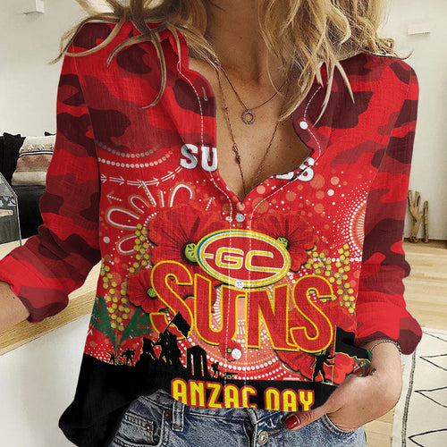 Custom Suns Football ANZAC Women Casual Shirt Gallipoli Camouflage With Poppies