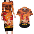 Custom Giants Football ANZAC Couples Matching Long Sleeve Bodycon Dress and Hawaiian Shirt Gallipoli Camouflage With Poppies