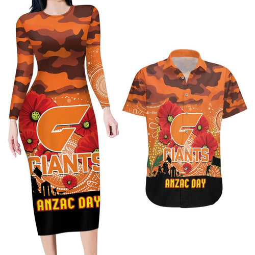 Custom Giants Football ANZAC Couples Matching Long Sleeve Bodycon Dress and Hawaiian Shirt Gallipoli Camouflage With Poppies