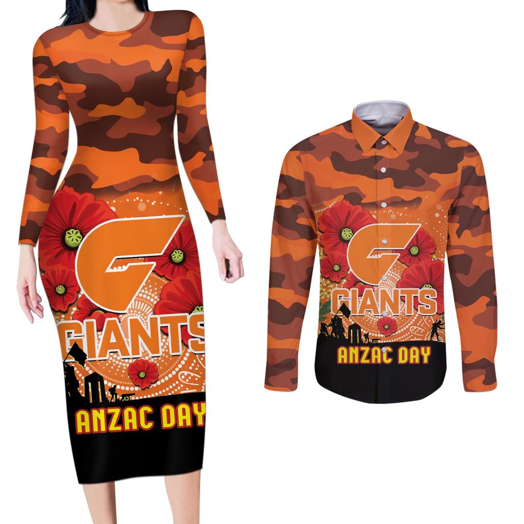 Custom Giants Football ANZAC Couples Matching Long Sleeve Bodycon Dress and Long Sleeve Button Shirt Gallipoli Camouflage With Poppies