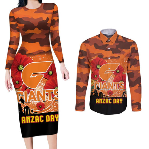 Custom Giants Football ANZAC Couples Matching Long Sleeve Bodycon Dress and Long Sleeve Button Shirt Gallipoli Camouflage With Poppies