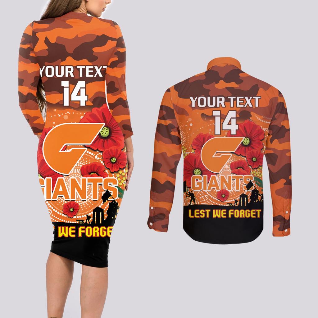 Custom Giants Football ANZAC Couples Matching Long Sleeve Bodycon Dress and Long Sleeve Button Shirt Gallipoli Camouflage With Poppies