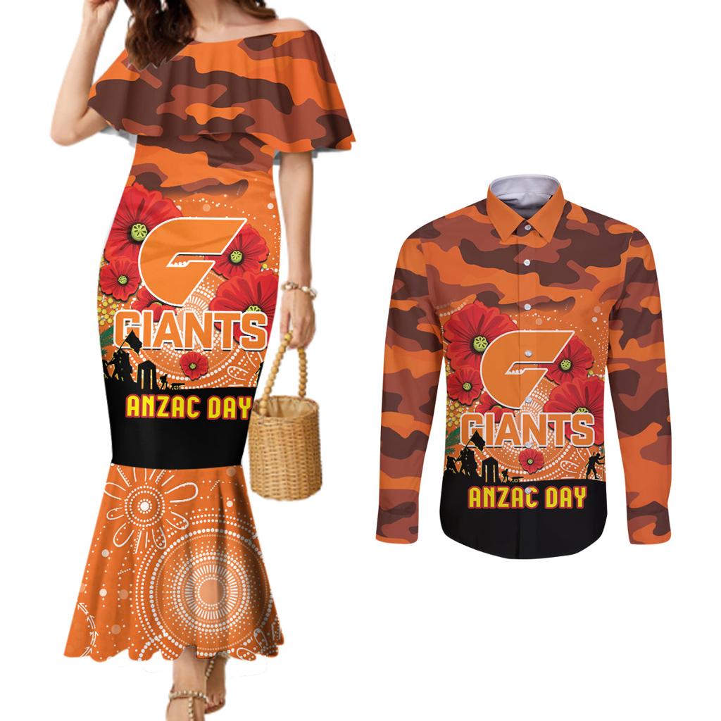 Custom Giants Football ANZAC Couples Matching Mermaid Dress and Long Sleeve Button Shirt Gallipoli Camouflage With Poppies