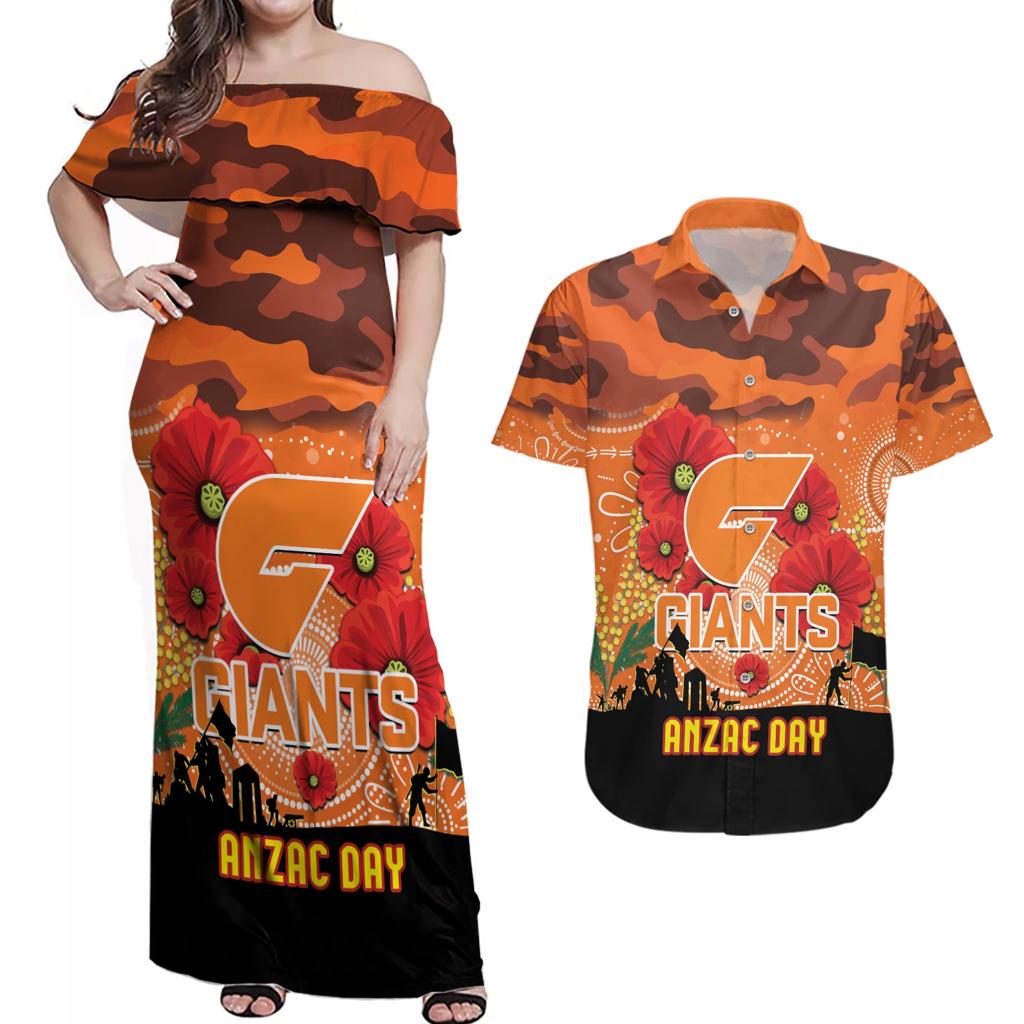 Custom Giants Football ANZAC Couples Matching Off Shoulder Maxi Dress and Hawaiian Shirt Gallipoli Camouflage With Poppies