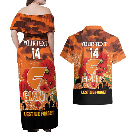 Custom Giants Football ANZAC Couples Matching Off Shoulder Maxi Dress and Hawaiian Shirt Gallipoli Camouflage With Poppies