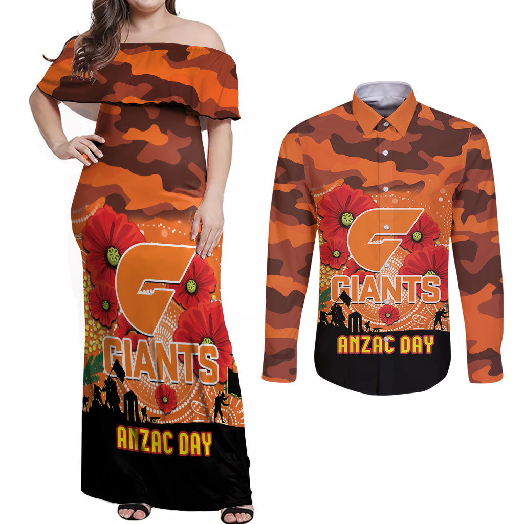 Custom Giants Football ANZAC Couples Matching Off Shoulder Maxi Dress and Long Sleeve Button Shirt Gallipoli Camouflage With Poppies