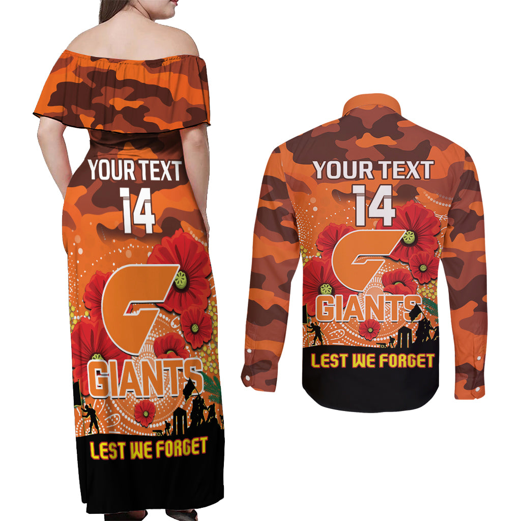 Custom Giants Football ANZAC Couples Matching Off Shoulder Maxi Dress and Long Sleeve Button Shirt Gallipoli Camouflage With Poppies