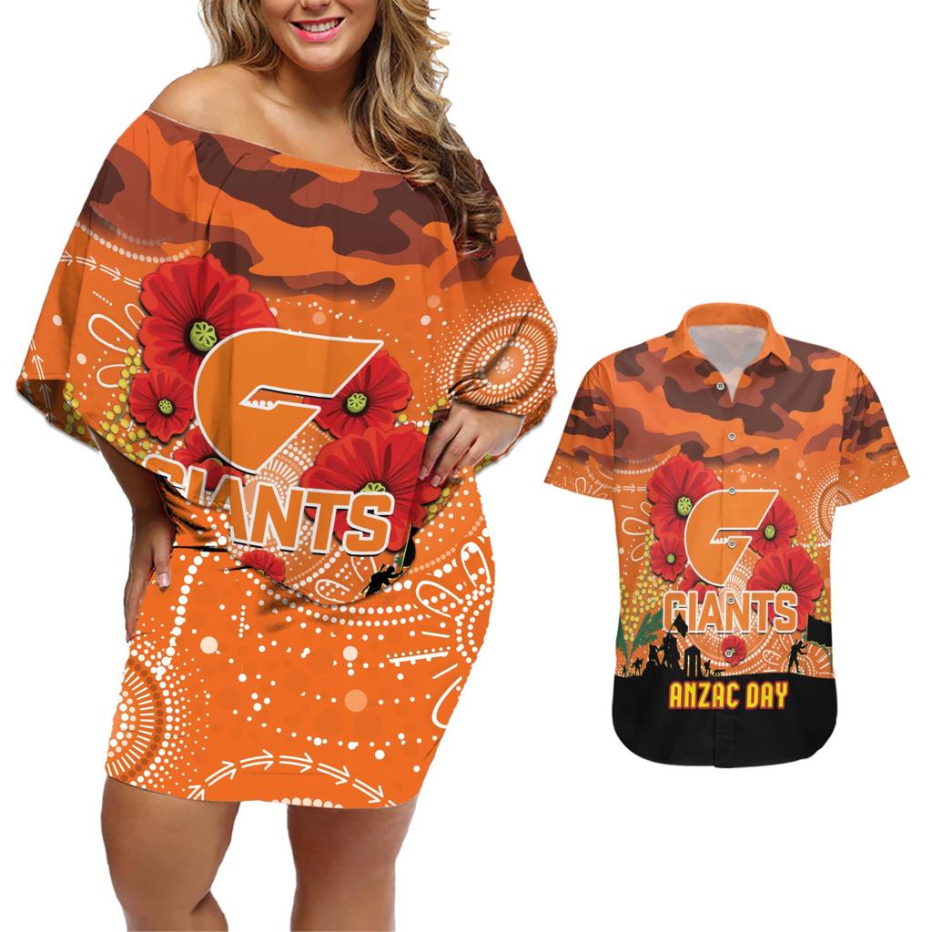 Custom Giants Football ANZAC Couples Matching Off Shoulder Short Dress and Hawaiian Shirt Gallipoli Camouflage With Poppies