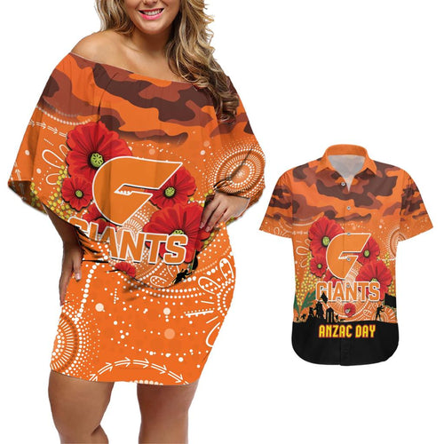 Custom Giants Football ANZAC Couples Matching Off Shoulder Short Dress and Hawaiian Shirt Gallipoli Camouflage With Poppies