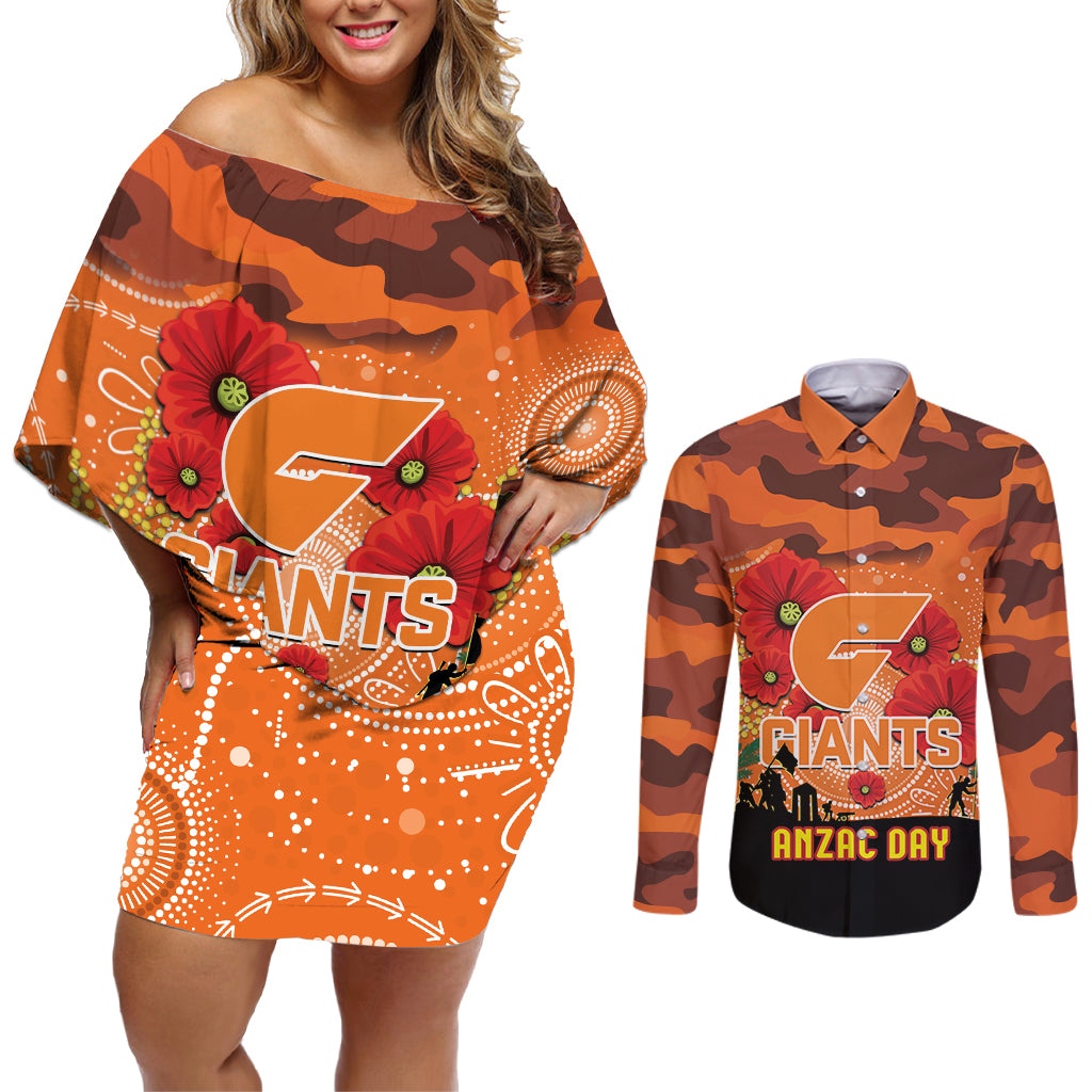 Custom Giants Football ANZAC Couples Matching Off Shoulder Short Dress and Long Sleeve Button Shirt Gallipoli Camouflage With Poppies