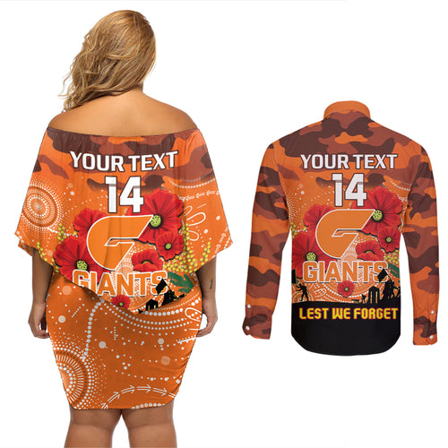 Custom Giants Football ANZAC Couples Matching Off Shoulder Short Dress and Long Sleeve Button Shirt Gallipoli Camouflage With Poppies