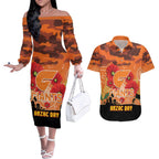 Custom Giants Football ANZAC Couples Matching Off The Shoulder Long Sleeve Dress and Hawaiian Shirt Gallipoli Camouflage With Poppies