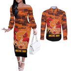 Custom Giants Football ANZAC Couples Matching Off The Shoulder Long Sleeve Dress and Long Sleeve Button Shirt Gallipoli Camouflage With Poppies