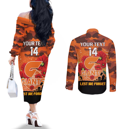 Custom Giants Football ANZAC Couples Matching Off The Shoulder Long Sleeve Dress and Long Sleeve Button Shirt Gallipoli Camouflage With Poppies