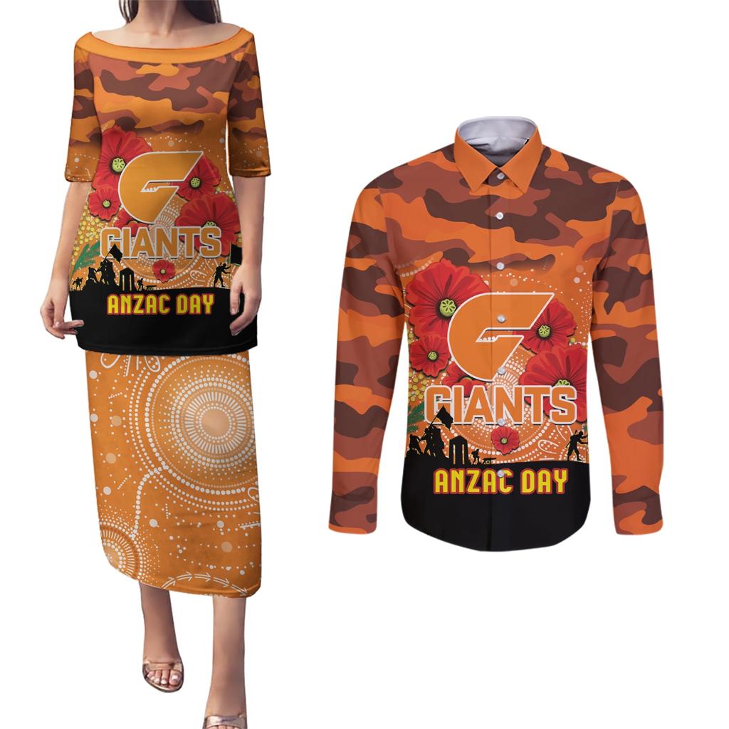 Custom Giants Football ANZAC Couples Matching Puletasi and Long Sleeve Button Shirt Gallipoli Camouflage With Poppies