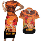 Custom Giants Football ANZAC Couples Matching Short Sleeve Bodycon Dress and Hawaiian Shirt Gallipoli Camouflage With Poppies
