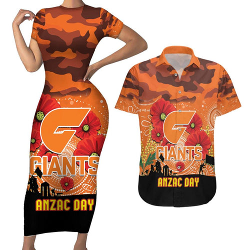 Custom Giants Football ANZAC Couples Matching Short Sleeve Bodycon Dress and Hawaiian Shirt Gallipoli Camouflage With Poppies