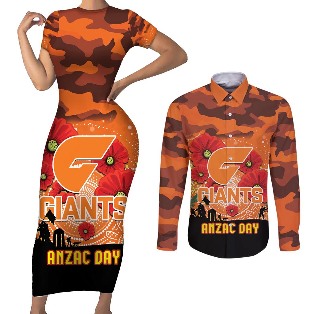 Custom Giants Football ANZAC Couples Matching Short Sleeve Bodycon Dress and Long Sleeve Button Shirt Gallipoli Camouflage With Poppies