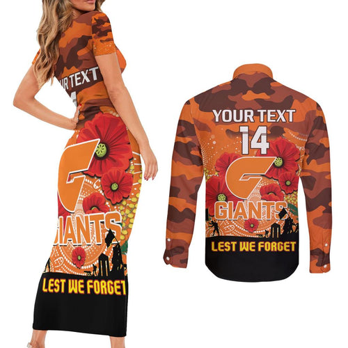Custom Giants Football ANZAC Couples Matching Short Sleeve Bodycon Dress and Long Sleeve Button Shirt Gallipoli Camouflage With Poppies