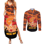 Custom Giants Football ANZAC Couples Matching Summer Maxi Dress and Long Sleeve Button Shirt Gallipoli Camouflage With Poppies
