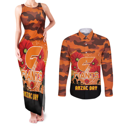 Custom Giants Football ANZAC Couples Matching Tank Maxi Dress and Long Sleeve Button Shirt Gallipoli Camouflage With Poppies