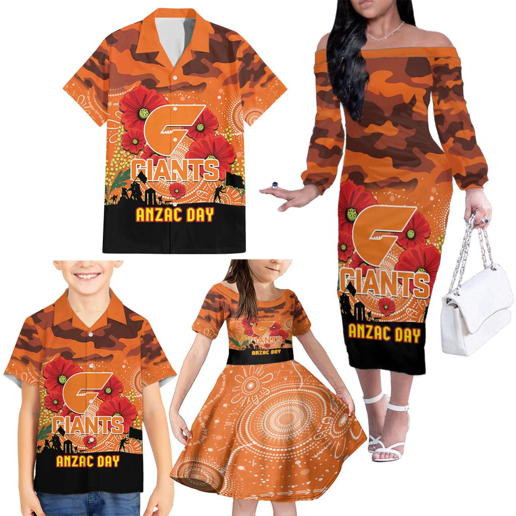 Custom Giants Football ANZAC Family Matching Off Shoulder Long Sleeve Dress and Hawaiian Shirt Gallipoli Camouflage With Poppies