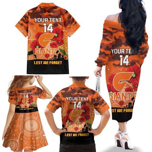 Custom Giants Football ANZAC Family Matching Off Shoulder Long Sleeve Dress and Hawaiian Shirt Gallipoli Camouflage With Poppies