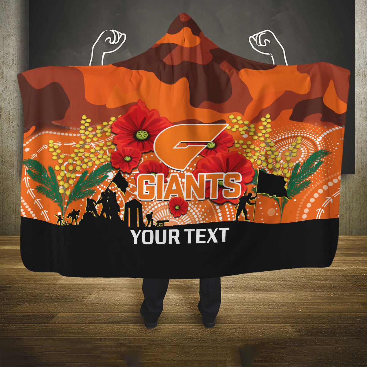 Custom Giants Football ANZAC Hooded Blanket Gallipoli Camouflage With Poppies