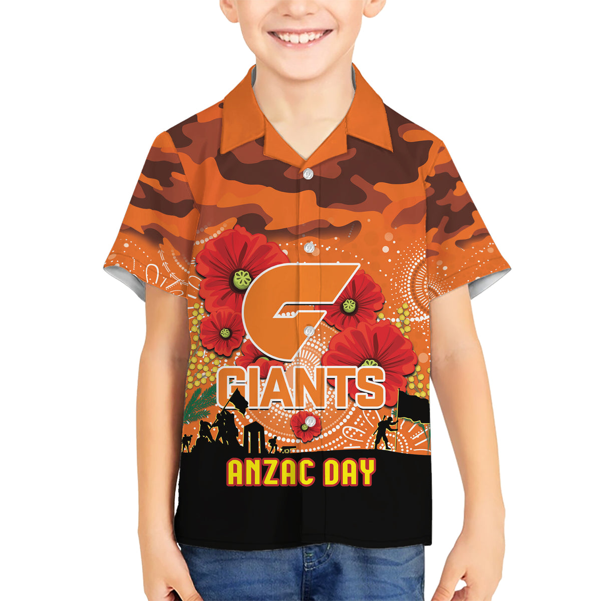 Custom Giants Football ANZAC Kid Hawaiian Shirt Gallipoli Camouflage With Poppies