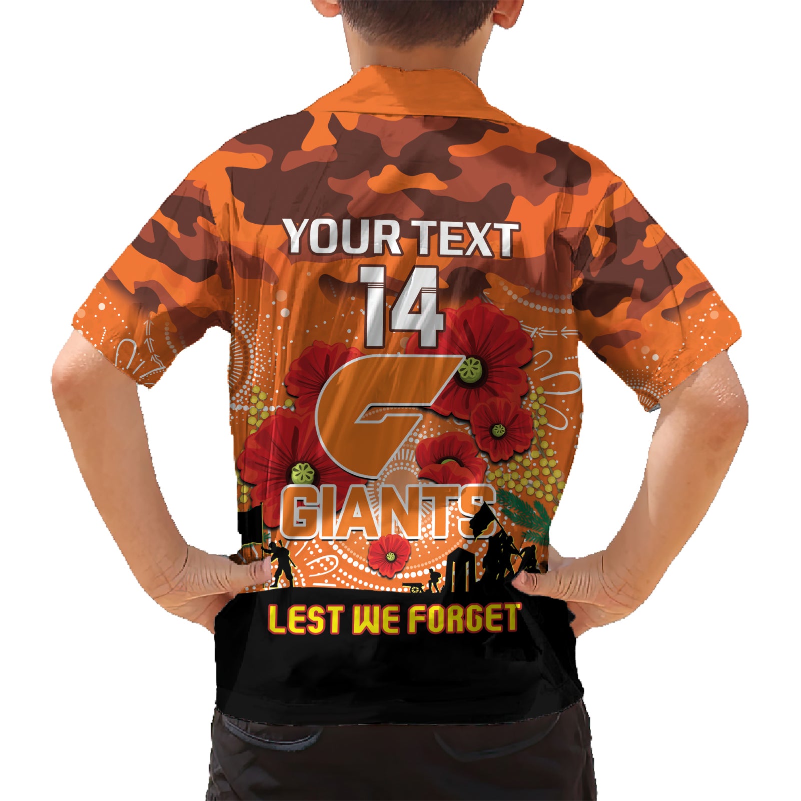 Custom Giants Football ANZAC Kid Hawaiian Shirt Gallipoli Camouflage With Poppies